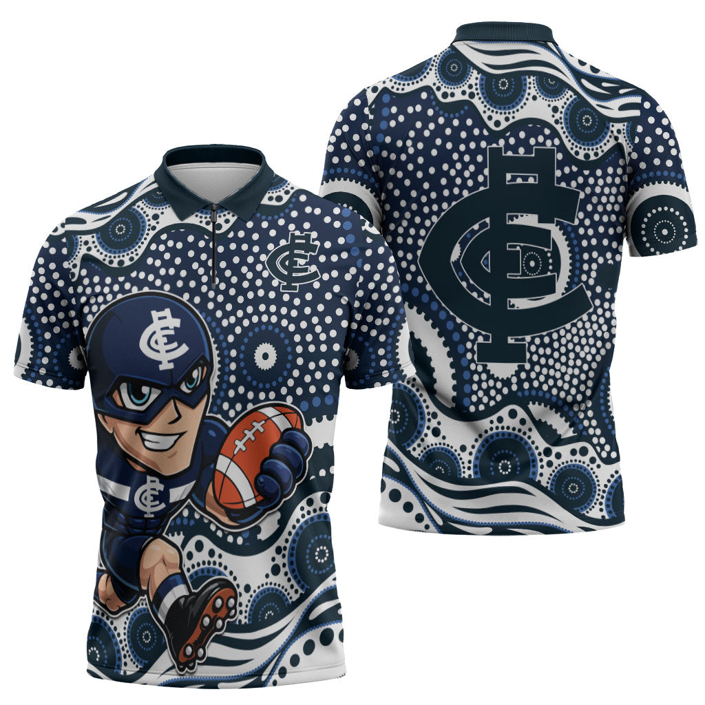 Carlton Blues Zipper Polo Shirt Aboriginal Dot Pattern - Football Mascot Heritage Pride