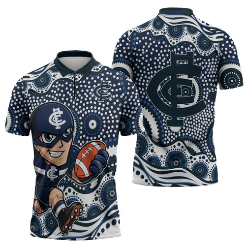Carlton Blues Zipper Polo Shirt Aboriginal Dot Pattern - Football Mascot Heritage Pride