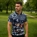 Carlton Blues Zipper Polo Shirt Aboriginal Dot Pattern - Football Mascot Heritage Pride