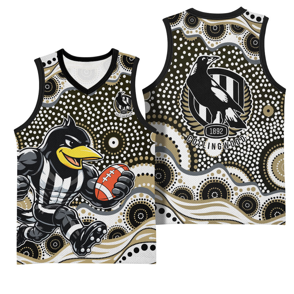 Collingwood Magpies Basketball Jersey Aboriginal Dot Pattern - Football Mascot Heritage Pride