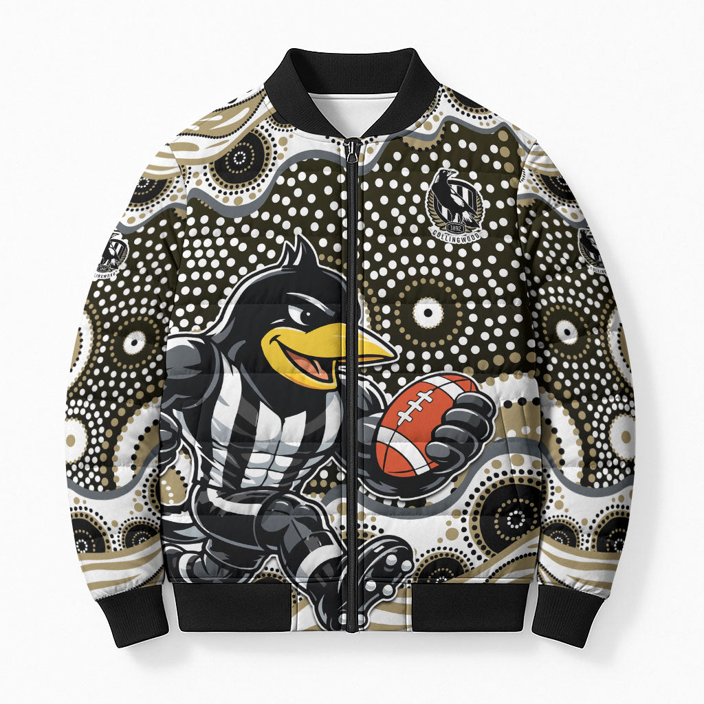 Collingwood Magpies Bomber Puffer Jacket Aboriginal Dot Pattern - Football Mascot Heritage Pride