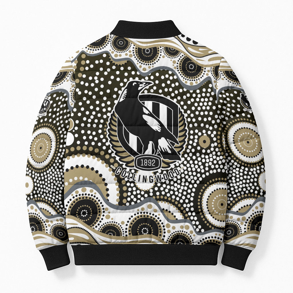 Collingwood Magpies Bomber Puffer Jacket Aboriginal Dot Pattern - Football Mascot Heritage Pride
