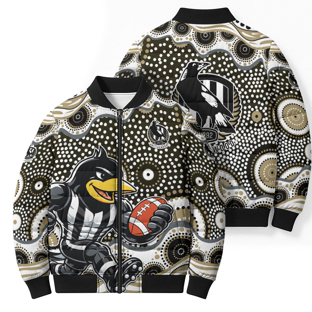 Collingwood Magpies Bomber Puffer Jacket Aboriginal Dot Pattern - Football Mascot Heritage Pride
