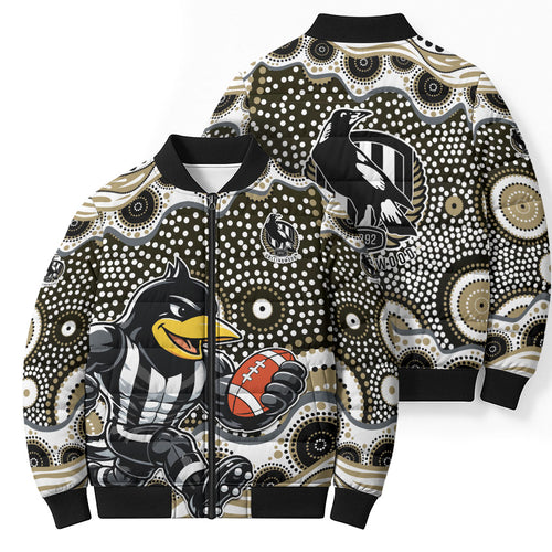 Collingwood Magpies Bomber Puffer Jacket Aboriginal Dot Pattern - Football Mascot Heritage Pride