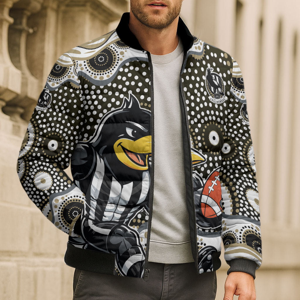 Collingwood Magpies Bomber Puffer Jacket Aboriginal Dot Pattern - Football Mascot Heritage Pride