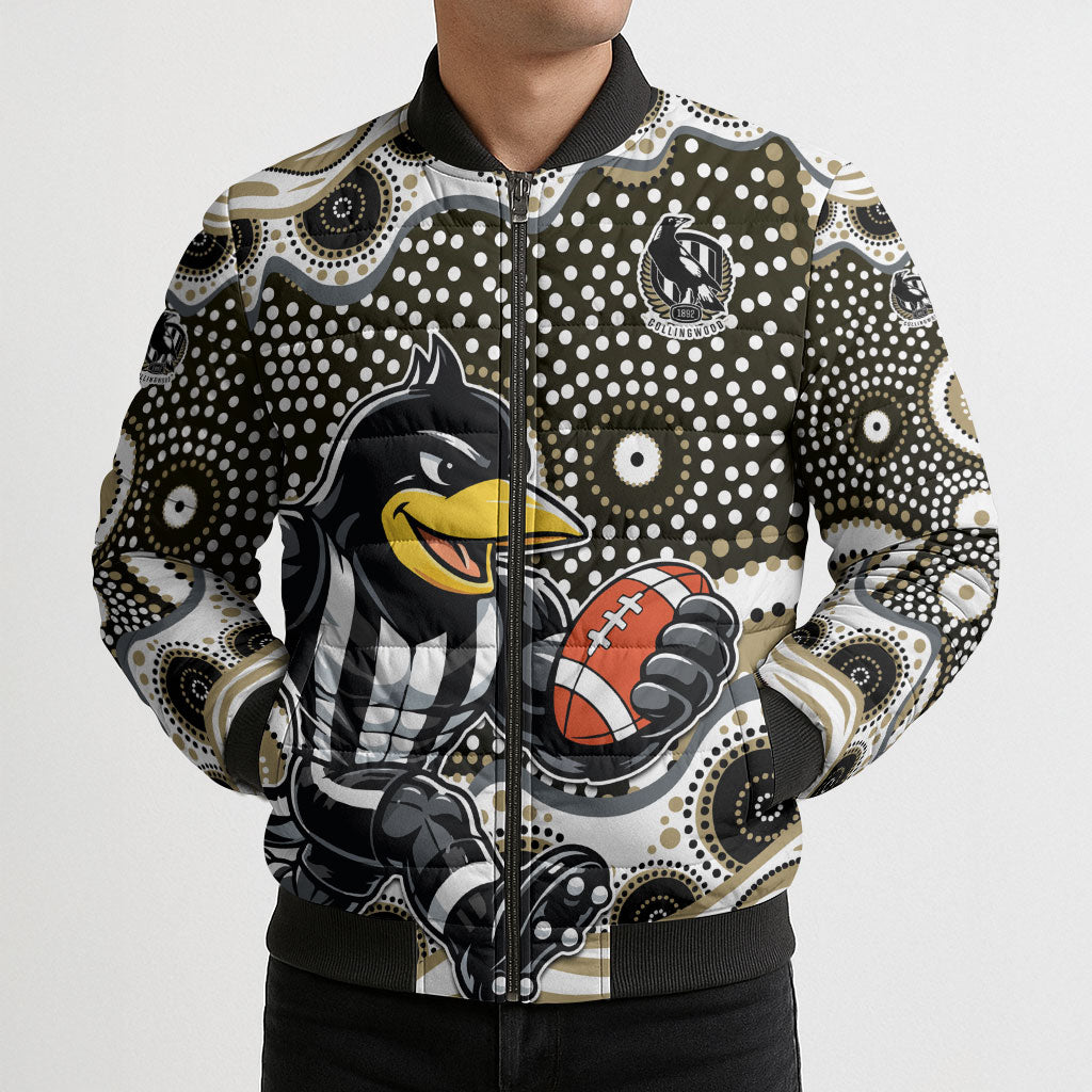 Collingwood Magpies Bomber Puffer Jacket Aboriginal Dot Pattern - Football Mascot Heritage Pride