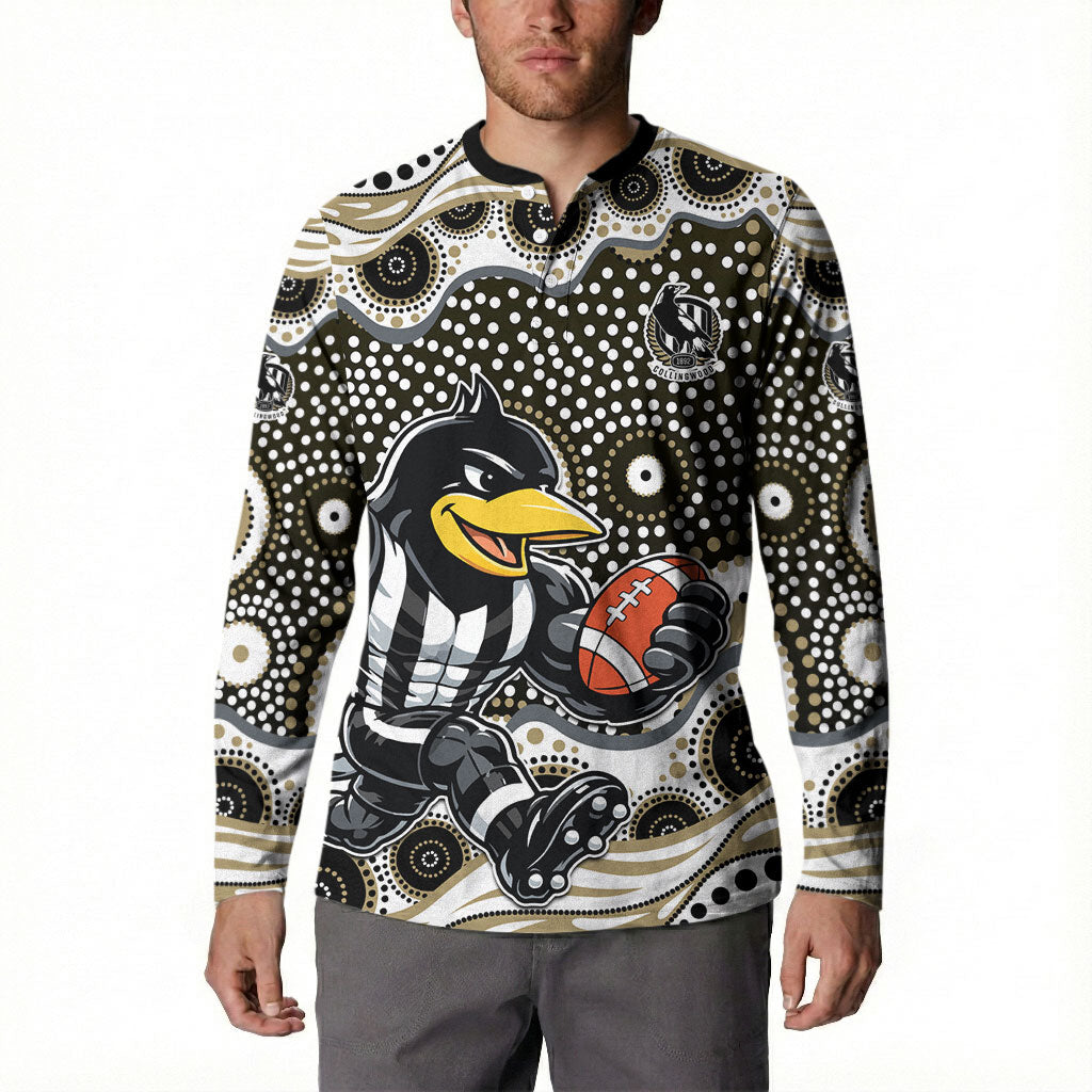 Collingwood Magpies Button Sweatshirt Aboriginal Dot Pattern - Football Mascot Heritage Pride