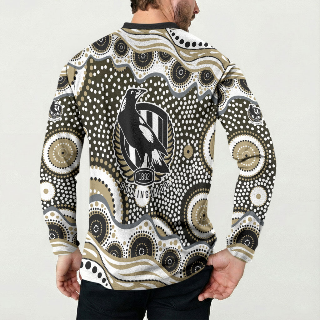 Collingwood Magpies Button Sweatshirt Aboriginal Dot Pattern - Football Mascot Heritage Pride