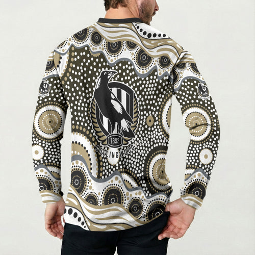 Collingwood Magpies Button Sweatshirt Aboriginal Dot Pattern - Football Mascot Heritage Pride