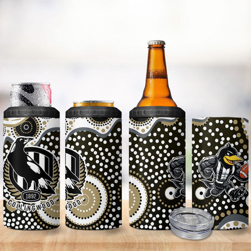 Collingwood Magpies 4 in 1 Can Cooler Tumbler Aboriginal Dot Pattern - Football Mascot Heritage Pride