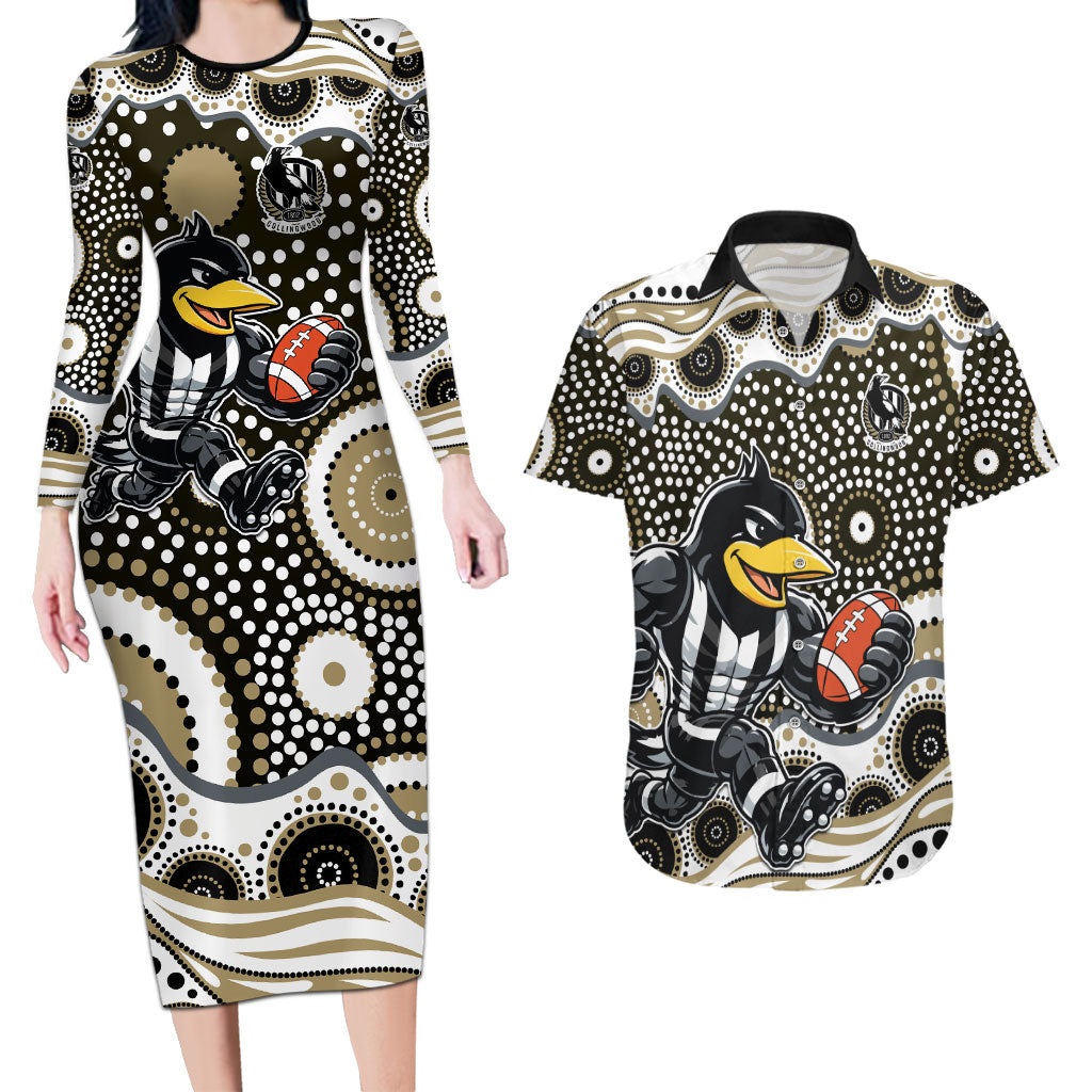 Collingwood Magpies Couples Matching Long Sleeve Bodycon Dress and Hawaiian Shirt Aboriginal Dot Pattern - Football Mascot Heritage Pride