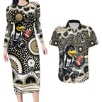 Collingwood Magpies Couples Matching Long Sleeve Bodycon Dress and Hawaiian Shirt Aboriginal Dot Pattern - Football Mascot Heritage Pride