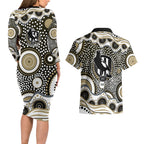Collingwood Magpies Couples Matching Long Sleeve Bodycon Dress and Hawaiian Shirt Aboriginal Dot Pattern - Football Mascot Heritage Pride