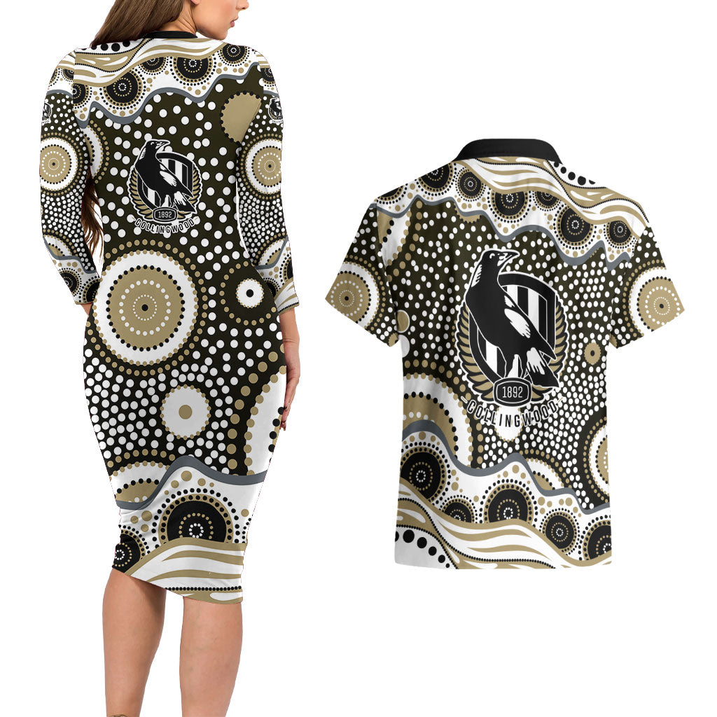 Collingwood Magpies Couples Matching Long Sleeve Bodycon Dress and Hawaiian Shirt Aboriginal Dot Pattern - Football Mascot Heritage Pride