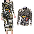 Collingwood Magpies Couples Matching Long Sleeve Bodycon Dress and Long Sleeve Button Shirt Aboriginal Dot Pattern - Football Mascot Heritage Pride