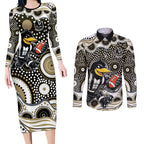 Collingwood Magpies Couples Matching Long Sleeve Bodycon Dress and Long Sleeve Button Shirt Aboriginal Dot Pattern - Football Mascot Heritage Pride