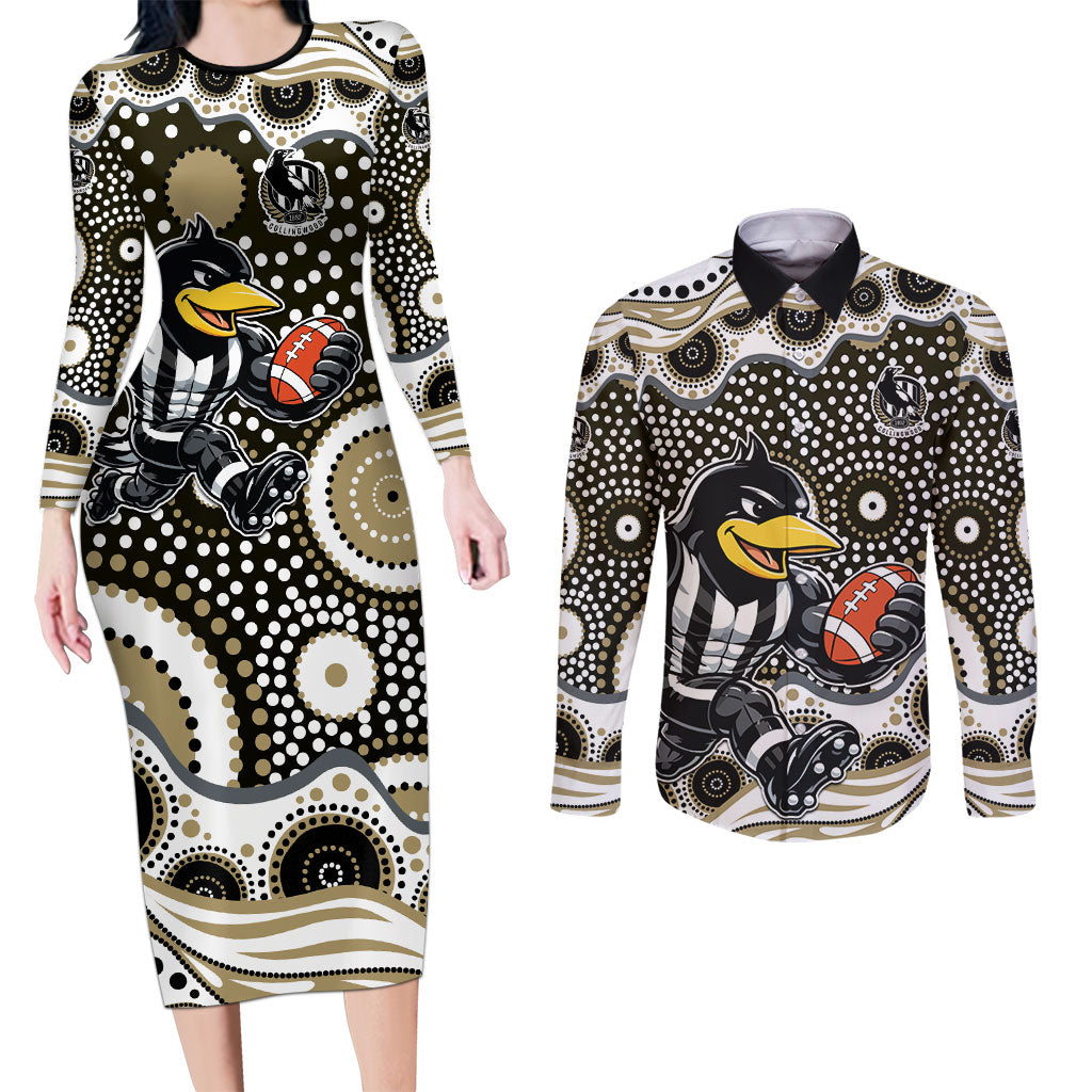 Collingwood Magpies Couples Matching Long Sleeve Bodycon Dress and Long Sleeve Button Shirt Aboriginal Dot Pattern - Football Mascot Heritage Pride