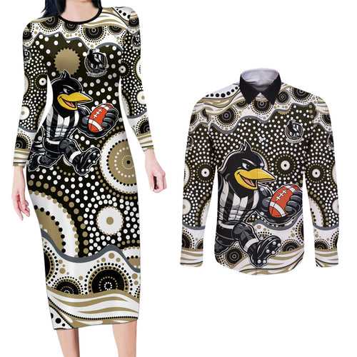Collingwood Magpies Couples Matching Long Sleeve Bodycon Dress and Long Sleeve Button Shirt Aboriginal Dot Pattern - Football Mascot Heritage Pride