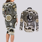 Collingwood Magpies Couples Matching Long Sleeve Bodycon Dress and Long Sleeve Button Shirt Aboriginal Dot Pattern - Football Mascot Heritage Pride