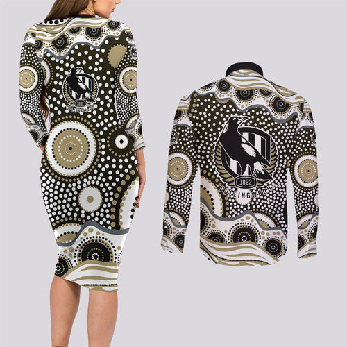 Collingwood Magpies Couples Matching Long Sleeve Bodycon Dress and Long Sleeve Button Shirt Aboriginal Dot Pattern - Football Mascot Heritage Pride