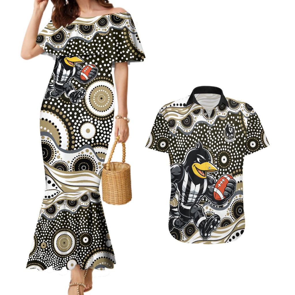 Collingwood Magpies Couples Matching Mermaid Dress and Hawaiian Shirt Aboriginal Dot Pattern - Football Mascot Heritage Pride