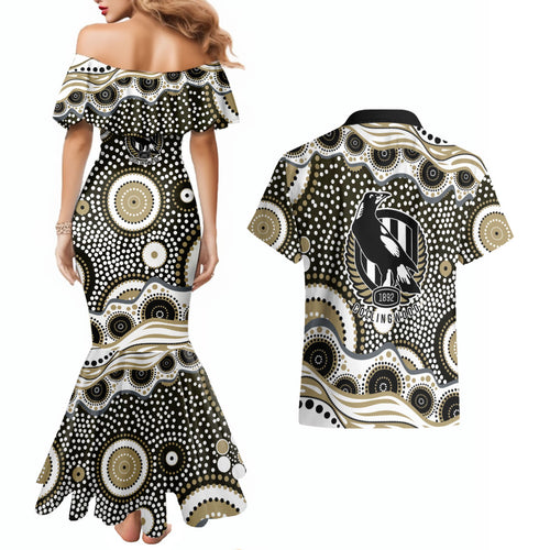 Collingwood Magpies Couples Matching Mermaid Dress and Hawaiian Shirt Aboriginal Dot Pattern - Football Mascot Heritage Pride