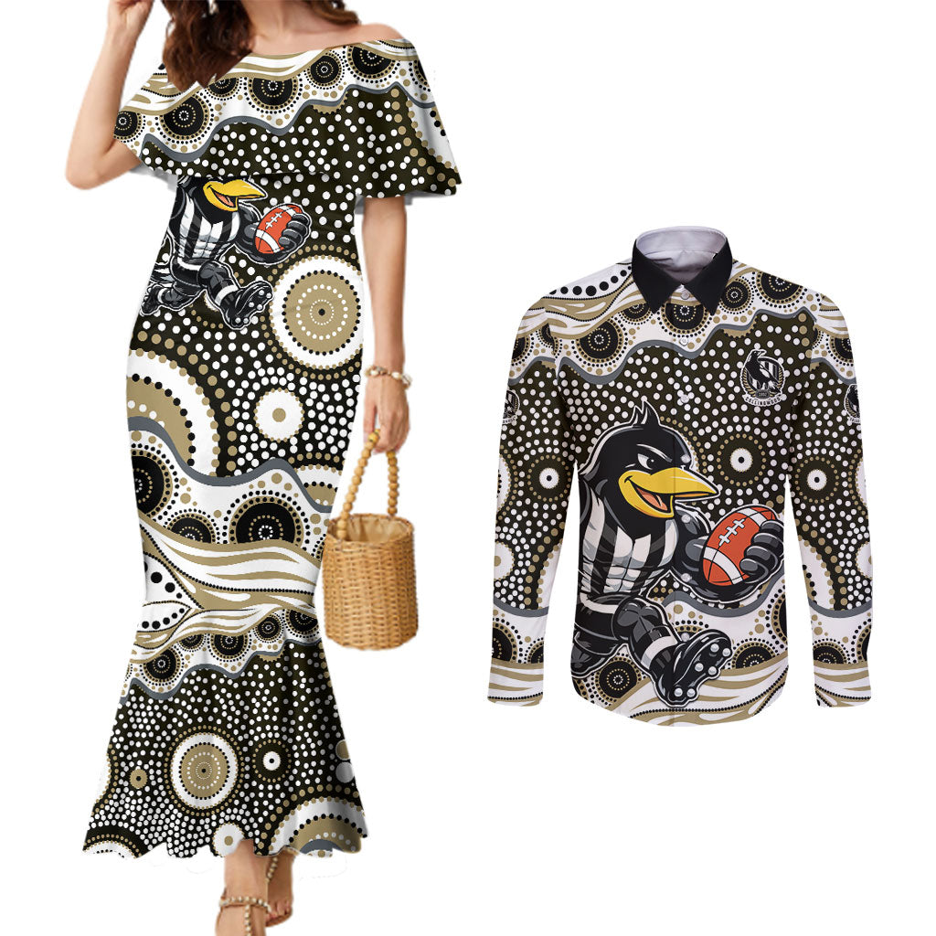 Collingwood Magpies Couples Matching Mermaid Dress and Long Sleeve Button Shirt Aboriginal Dot Pattern - Football Mascot Heritage Pride