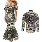 Collingwood Magpies Couples Matching Mermaid Dress and Long Sleeve Button Shirt Aboriginal Dot Pattern - Football Mascot Heritage Pride