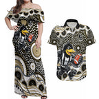 Collingwood Magpies Couples Matching Off Shoulder Maxi Dress and Hawaiian Shirt Aboriginal Dot Pattern - Football Mascot Heritage Pride