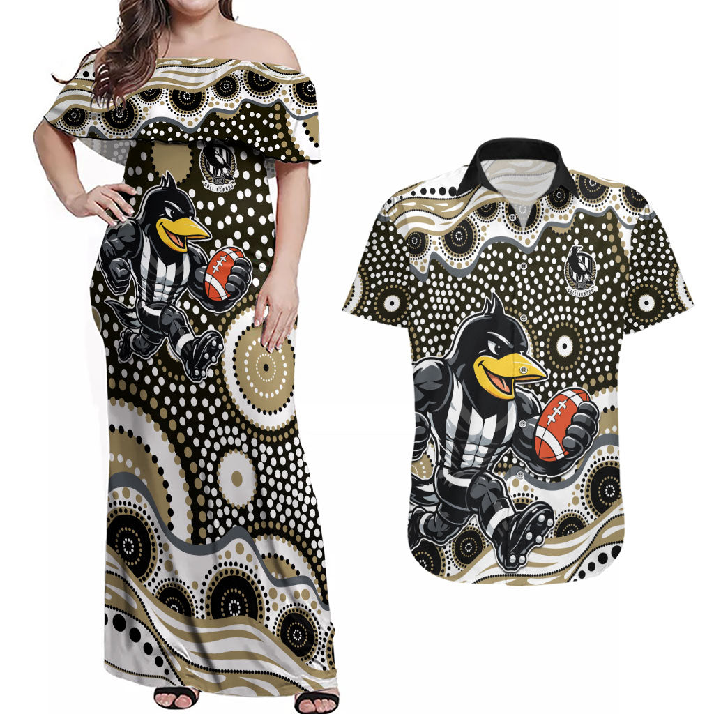 Collingwood Magpies Couples Matching Off Shoulder Maxi Dress and Hawaiian Shirt Aboriginal Dot Pattern - Football Mascot Heritage Pride