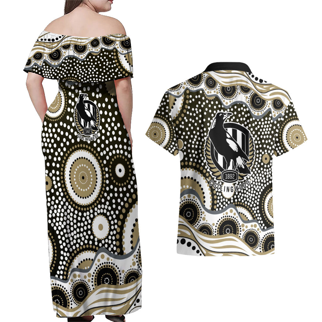 Collingwood Magpies Couples Matching Off Shoulder Maxi Dress and Hawaiian Shirt Aboriginal Dot Pattern - Football Mascot Heritage Pride