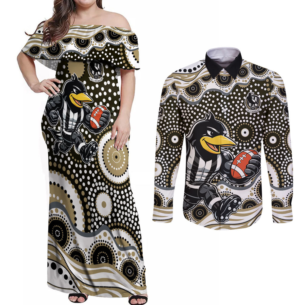 Collingwood Magpies Couples Matching Off Shoulder Maxi Dress and Long Sleeve Button Shirt Aboriginal Dot Pattern - Football Mascot Heritage Pride