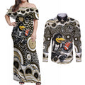 Collingwood Magpies Couples Matching Off Shoulder Maxi Dress and Long Sleeve Button Shirt Aboriginal Dot Pattern - Football Mascot Heritage Pride