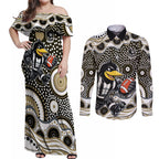 Collingwood Magpies Couples Matching Off Shoulder Maxi Dress and Long Sleeve Button Shirt Aboriginal Dot Pattern - Football Mascot Heritage Pride