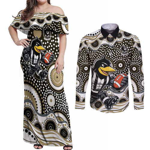 Collingwood Magpies Couples Matching Off Shoulder Maxi Dress and Long Sleeve Button Shirt Aboriginal Dot Pattern - Football Mascot Heritage Pride