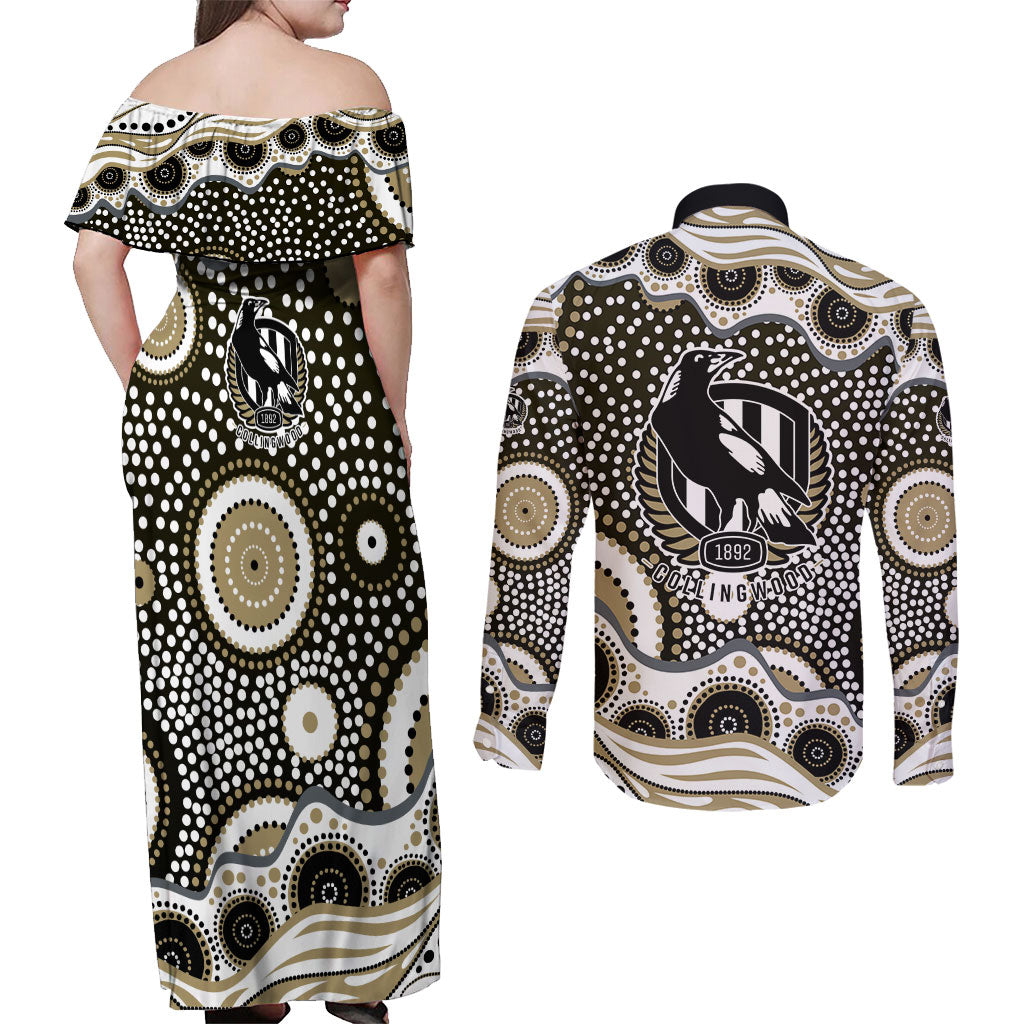 Collingwood Magpies Couples Matching Off Shoulder Maxi Dress and Long Sleeve Button Shirt Aboriginal Dot Pattern - Football Mascot Heritage Pride