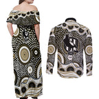 Collingwood Magpies Couples Matching Off Shoulder Maxi Dress and Long Sleeve Button Shirt Aboriginal Dot Pattern - Football Mascot Heritage Pride