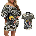 Collingwood Magpies Couples Matching Off Shoulder Short Dress and Hawaiian Shirt Aboriginal Dot Pattern - Football Mascot Heritage Pride