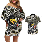 Collingwood Magpies Couples Matching Off Shoulder Short Dress and Hawaiian Shirt Aboriginal Dot Pattern - Football Mascot Heritage Pride