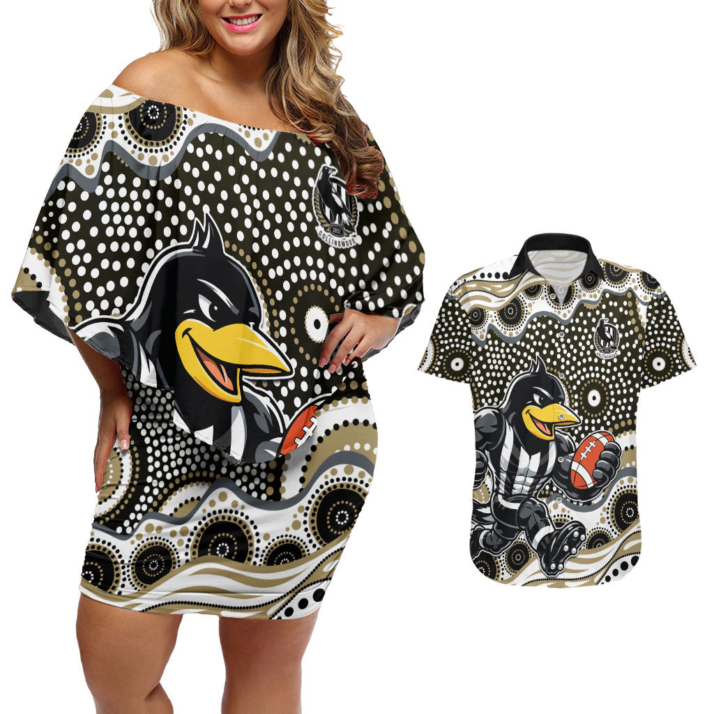 Collingwood Magpies Couples Matching Off Shoulder Short Dress and Hawaiian Shirt Aboriginal Dot Pattern - Football Mascot Heritage Pride