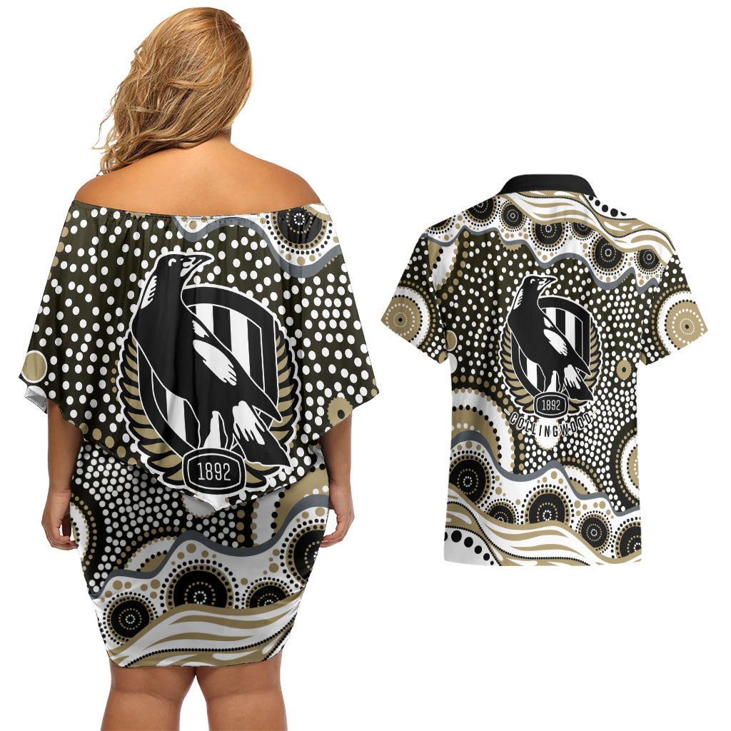 Collingwood Magpies Couples Matching Off Shoulder Short Dress and Hawaiian Shirt Aboriginal Dot Pattern - Football Mascot Heritage Pride