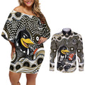 Collingwood Magpies Couples Matching Off Shoulder Short Dress and Long Sleeve Button Shirt Aboriginal Dot Pattern - Football Mascot Heritage Pride