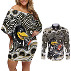 Collingwood Magpies Couples Matching Off Shoulder Short Dress and Long Sleeve Button Shirt Aboriginal Dot Pattern - Football Mascot Heritage Pride
