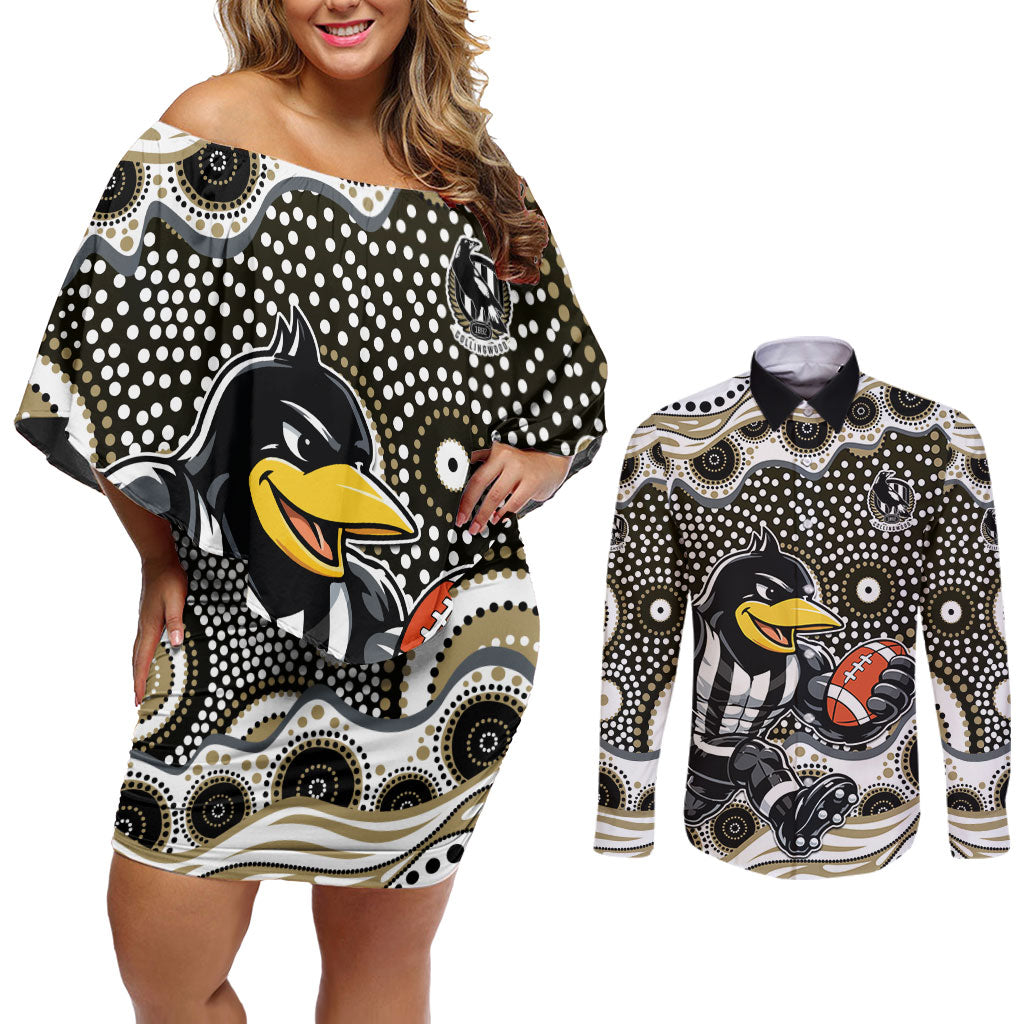Collingwood Magpies Couples Matching Off Shoulder Short Dress and Long Sleeve Button Shirt Aboriginal Dot Pattern - Football Mascot Heritage Pride
