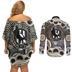 Collingwood Magpies Couples Matching Off Shoulder Short Dress and Long Sleeve Button Shirt Aboriginal Dot Pattern - Football Mascot Heritage Pride