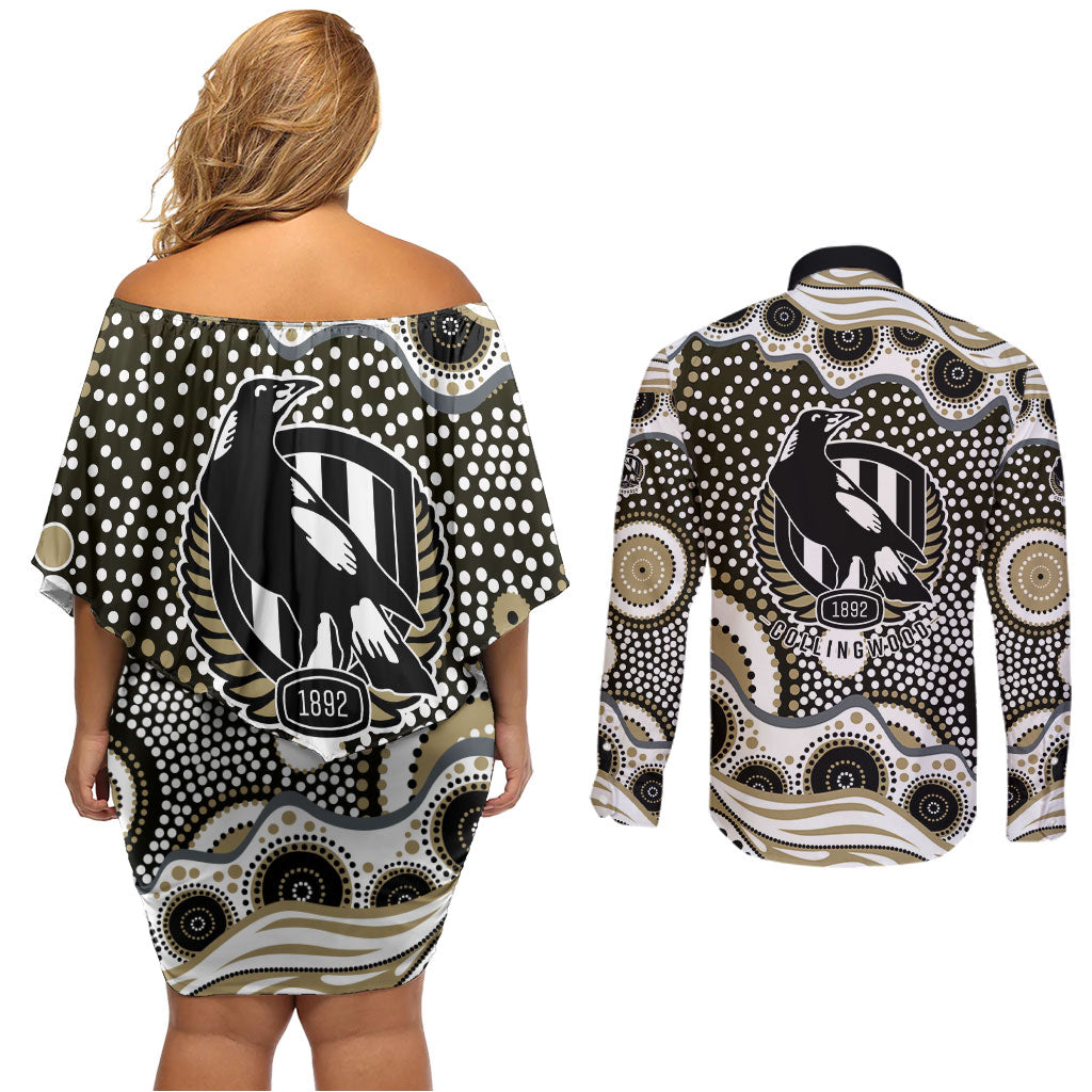 Collingwood Magpies Couples Matching Off Shoulder Short Dress and Long Sleeve Button Shirt Aboriginal Dot Pattern - Football Mascot Heritage Pride