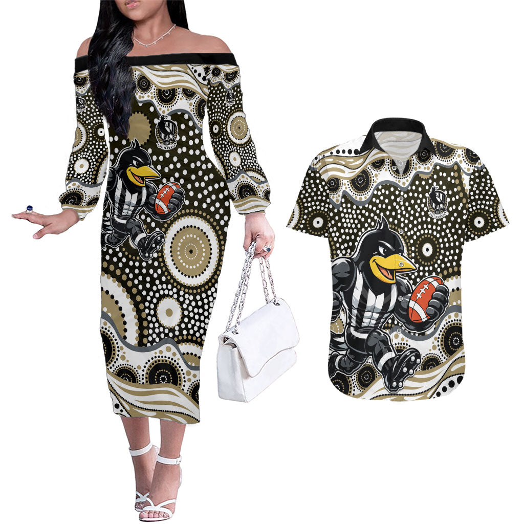 Collingwood Magpies Couples Matching Off The Shoulder Long Sleeve Dress and Hawaiian Shirt Aboriginal Dot Pattern - Football Mascot Heritage Pride