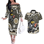 Collingwood Magpies Couples Matching Off The Shoulder Long Sleeve Dress and Hawaiian Shirt Aboriginal Dot Pattern - Football Mascot Heritage Pride