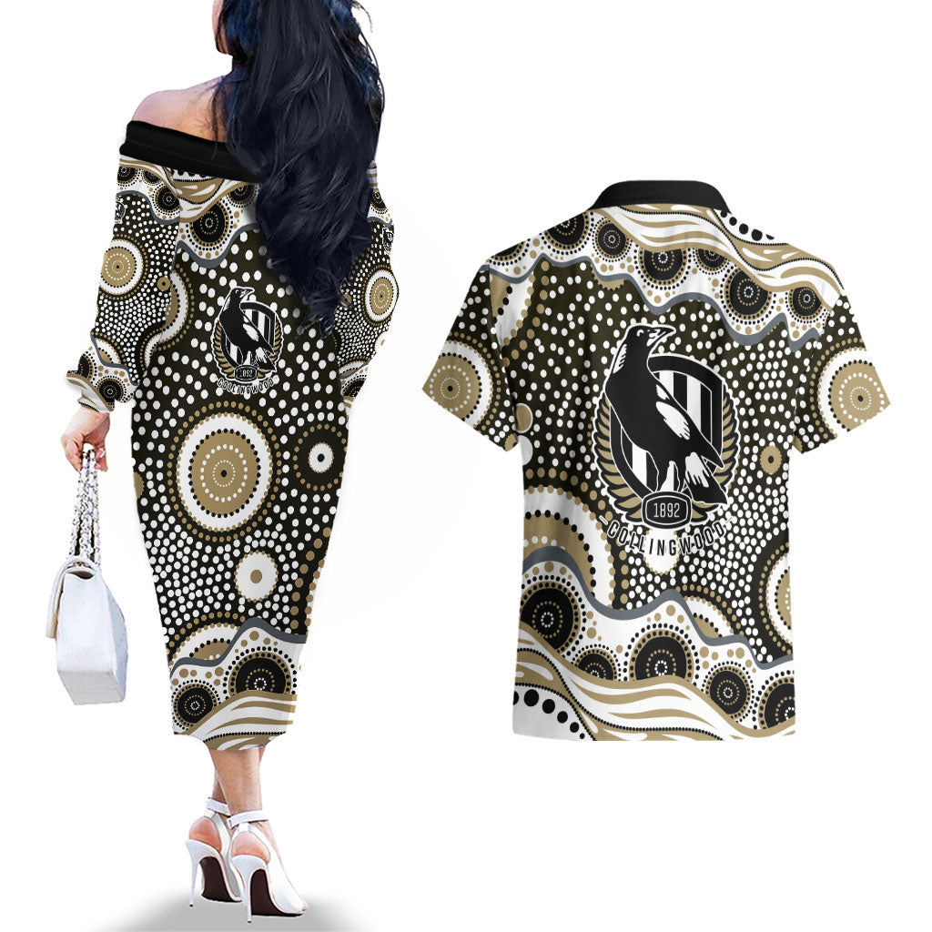 Collingwood Magpies Couples Matching Off The Shoulder Long Sleeve Dress and Hawaiian Shirt Aboriginal Dot Pattern - Football Mascot Heritage Pride