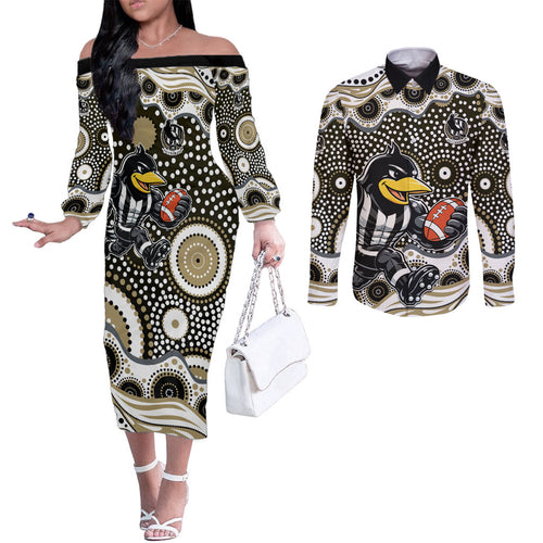 Collingwood Magpies Couples Matching Off The Shoulder Long Sleeve Dress and Long Sleeve Button Shirt Aboriginal Dot Pattern - Football Mascot Heritage Pride